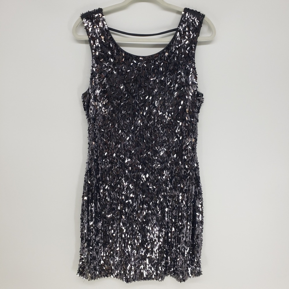 Express Sequin Mini Dress Women L Gray Deep Scoop Back Bodycon Cocktail Party